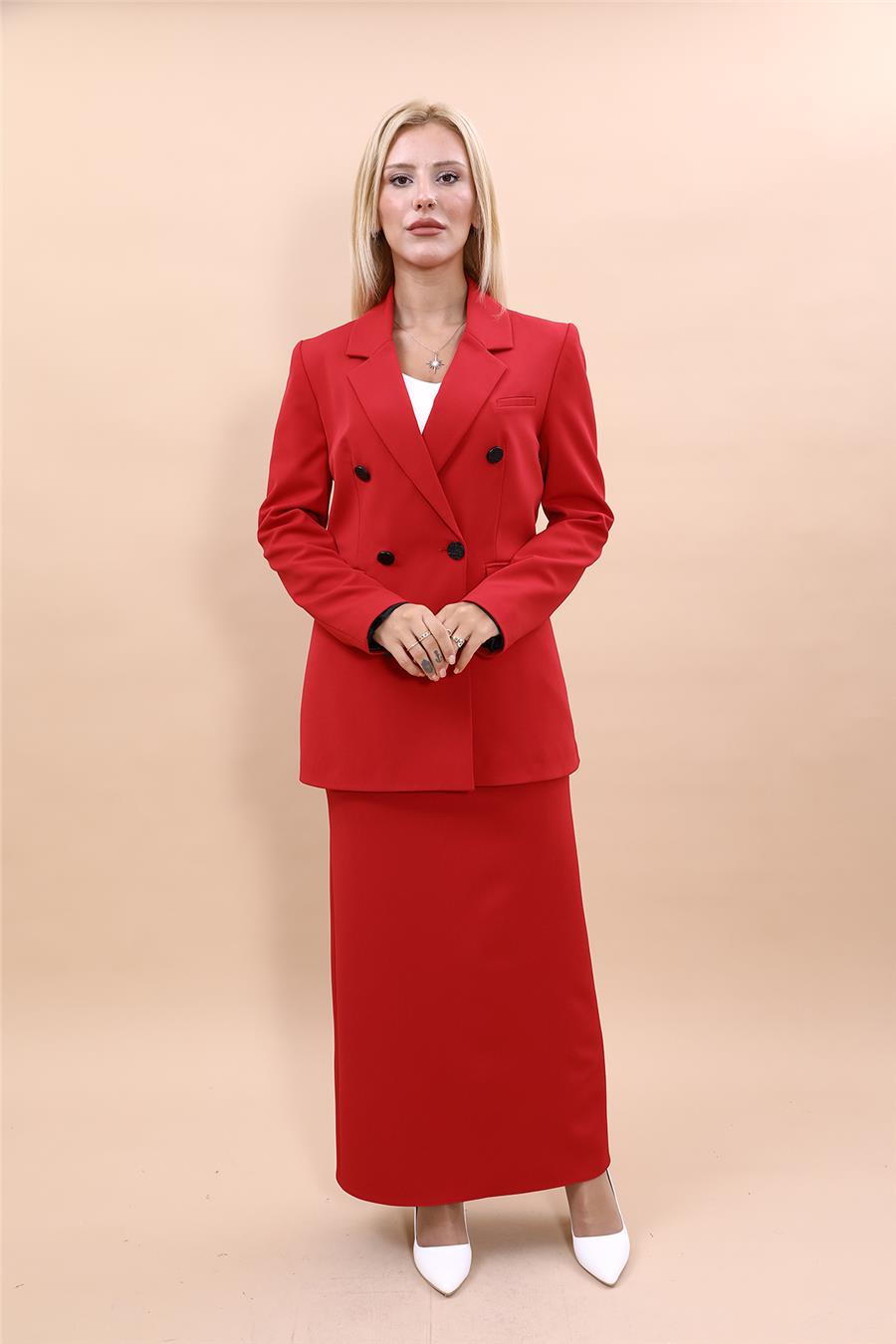 Erkek Yaka Kuruvaze Blazer Ceket & Uzun Düz Dar Etek-Kırmızı