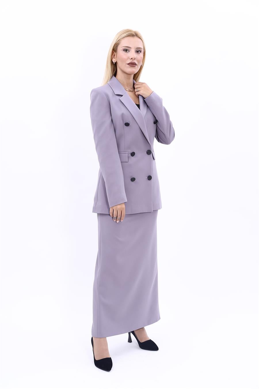 Erkek Yaka Kuruvaze Blazer Ceket & Uzun Düz Dar Etek-Antrasit
