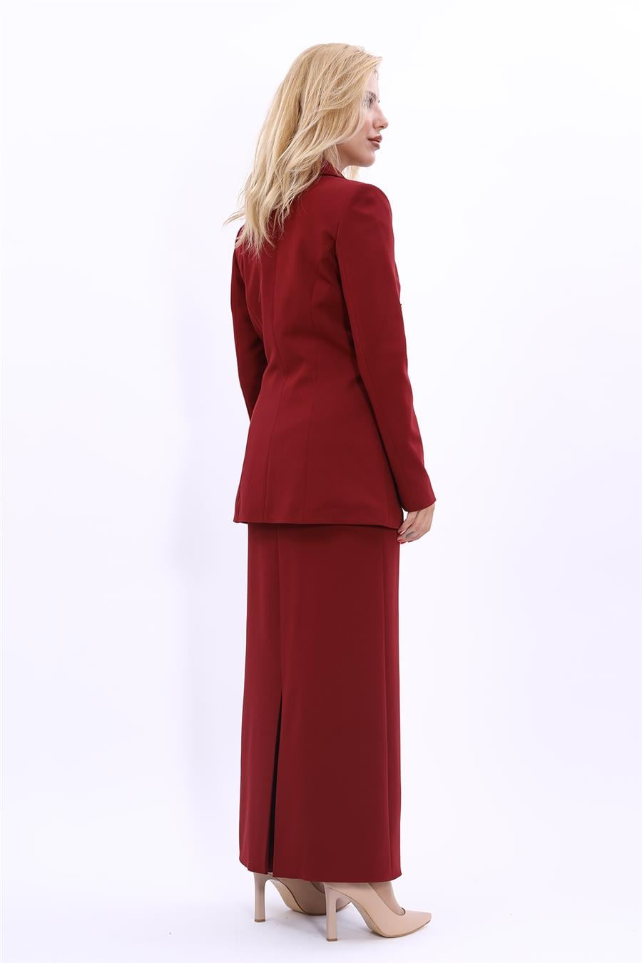 Erkek Yaka Kuruvaze Blazer Ceket & Uzun Düz Dar Etek-Bordo