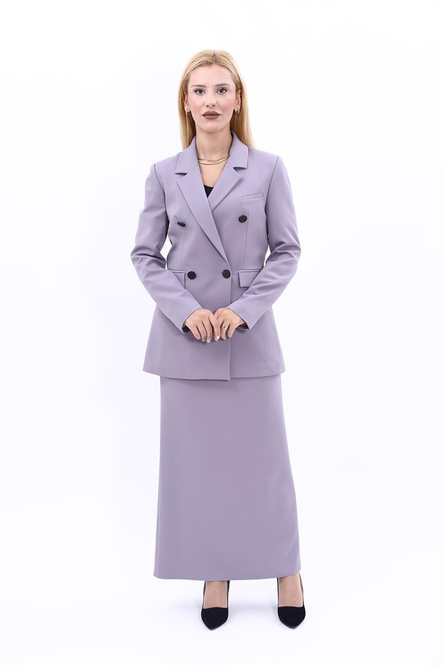 Erkek Yaka Kuruvaze Blazer Ceket & Uzun Düz Dar Etek-Antrasit