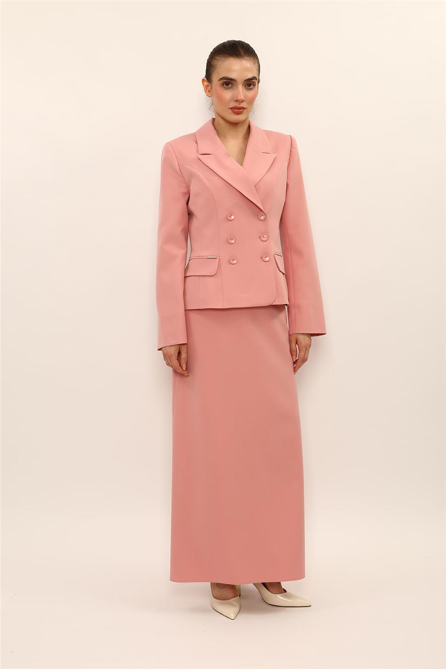 Erkek Yaka Kuruvaze Çift Kuplu Ceket & Kemerli Kare Cepli Çan Etek-Pudra