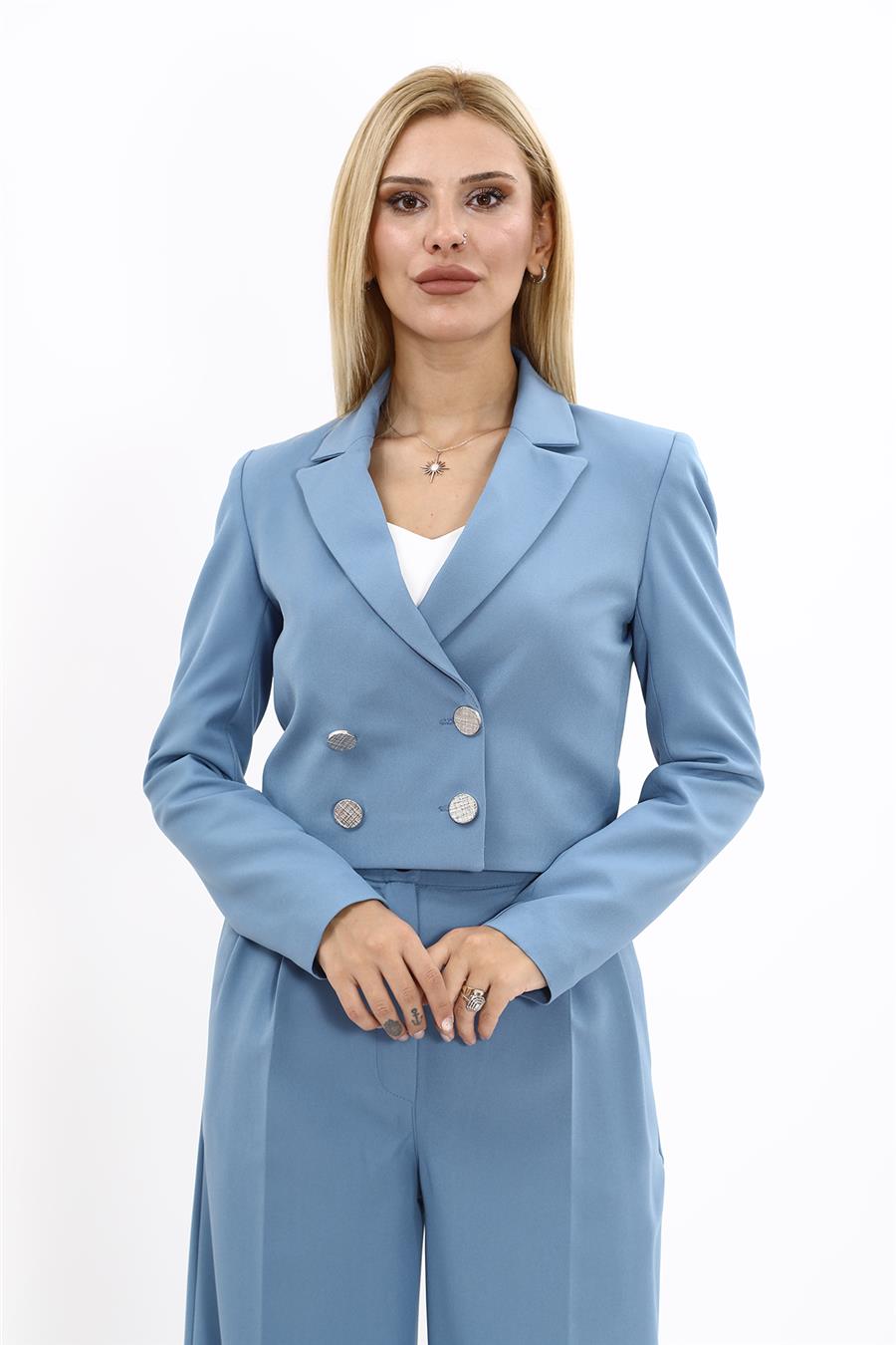 Erkek Yaka Kuruvaze Kısa Ceket-Deniz