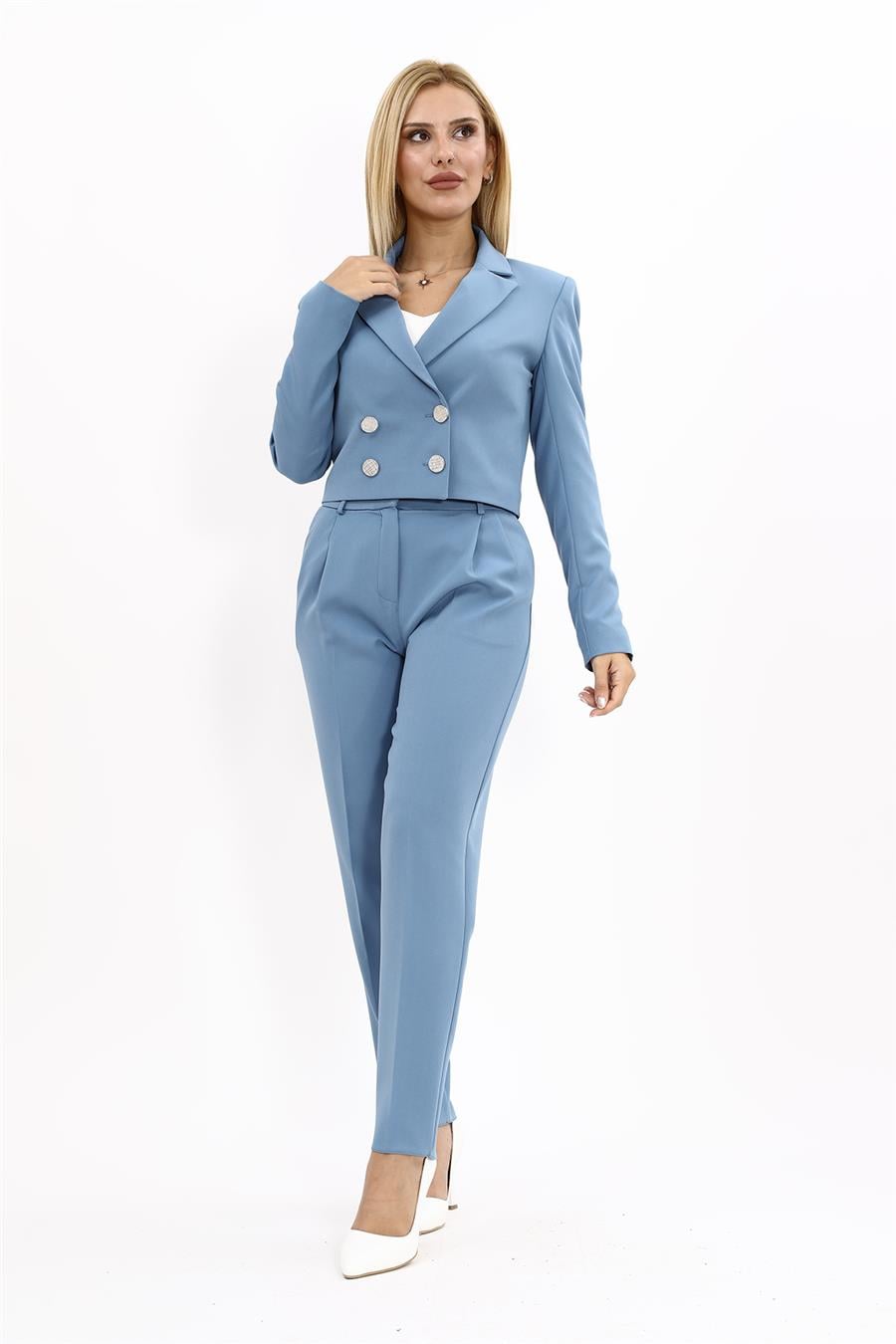 Erkek Yaka Kuruvaze Kısa Ceket & Kemerli Köprülü Dar Paça Pantolon-Deniz