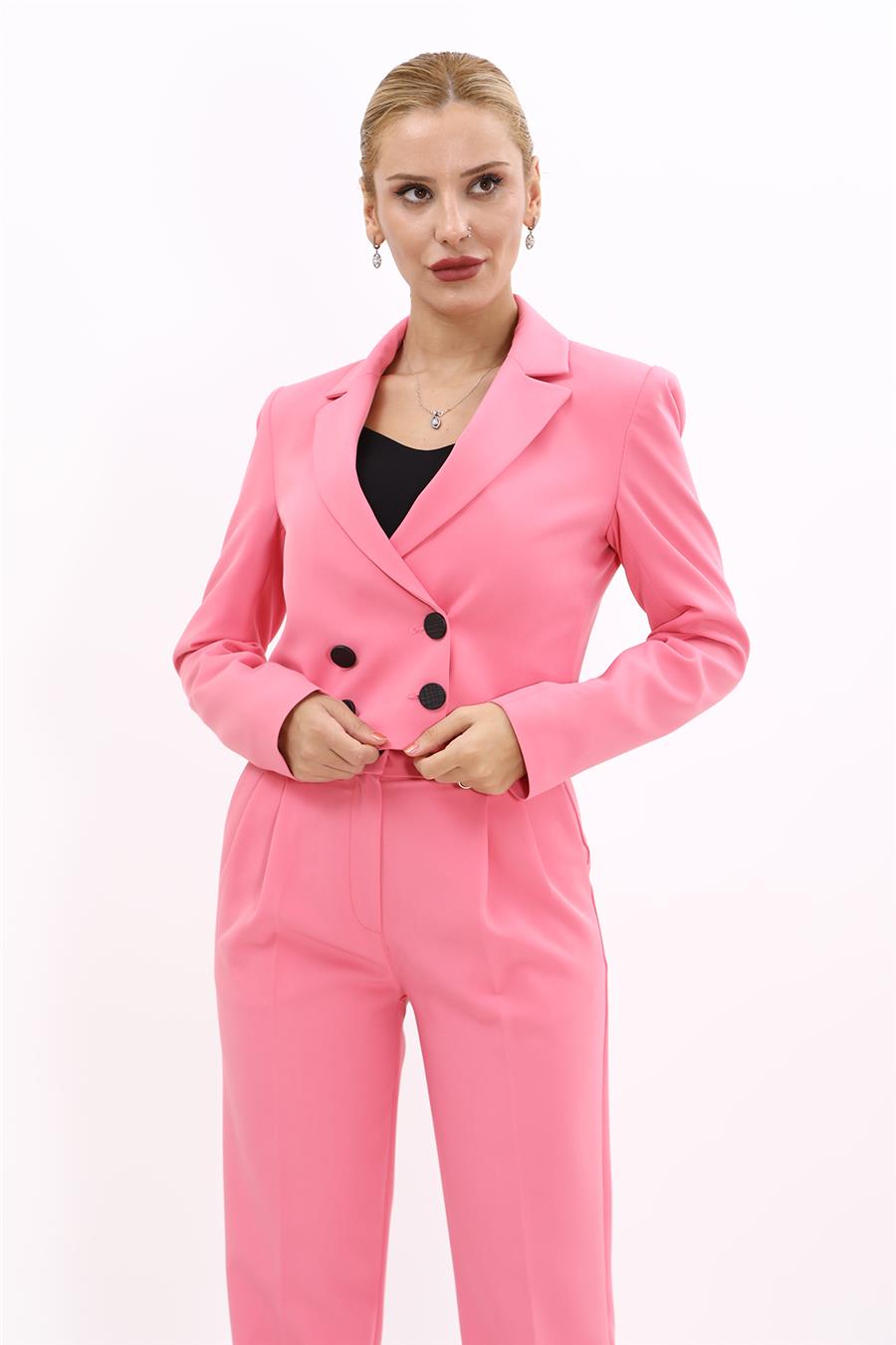 Erkek Yaka Kruvaze Kısa Ceket-Pembe - 1048100