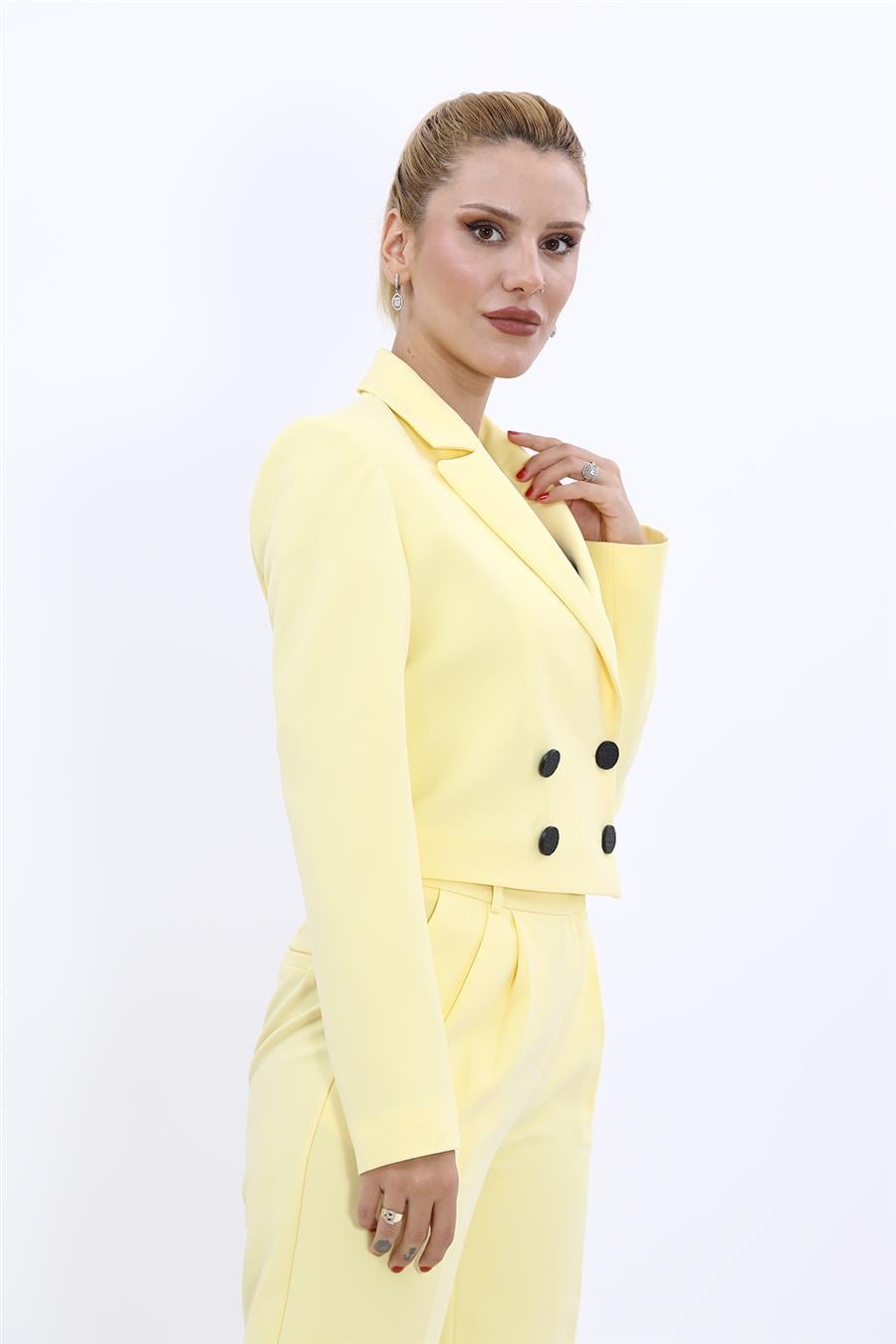 Erkek Yaka Kruvaze Kısa Ceket-Sarı - 1048100