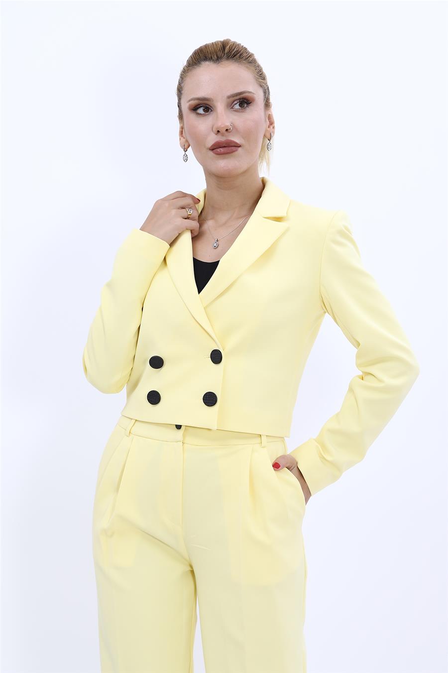 Erkek Yaka Kruvaze Kısa Ceket-Sarı - 1048100