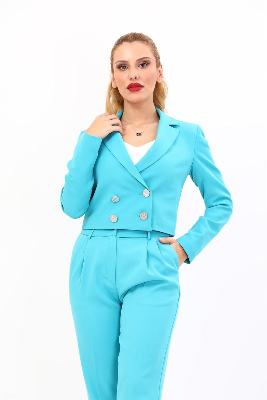 Erkek Yaka Kuruvaze Kısa Ceket-Turkuaz