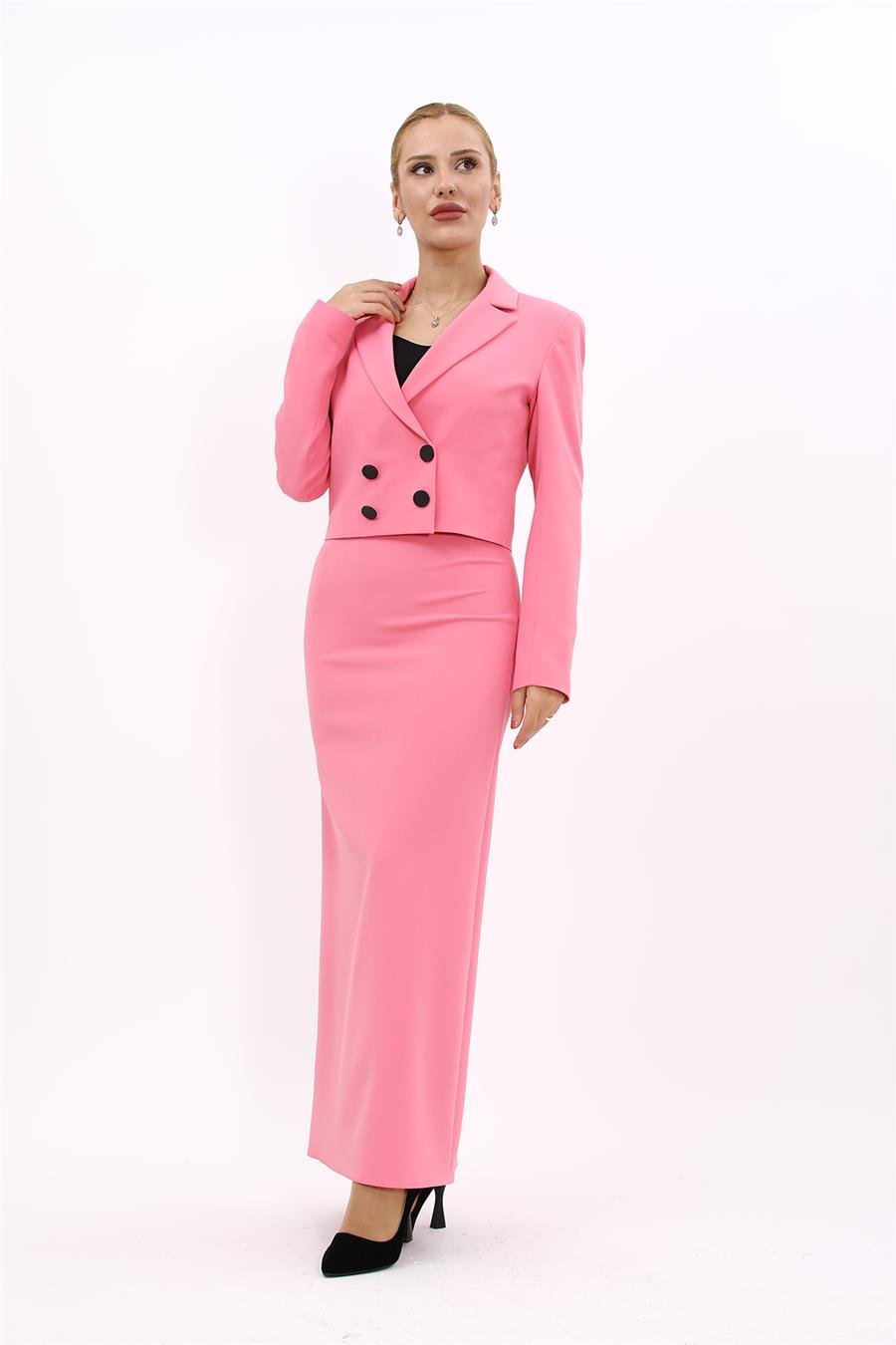 Erkek Yaka Kruvaze Kısa Ceket & Uzun Düz Dar Etek-Pembe - 1048553