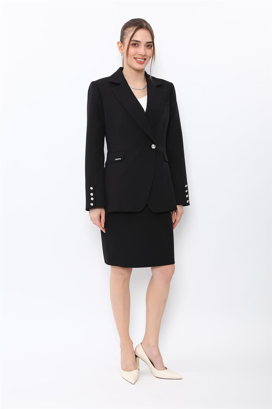 Erkek Yaka Kuruvaze Tek Düğmeli Ceket & Yırtmaçlı Düz Dar Etek-Siyah