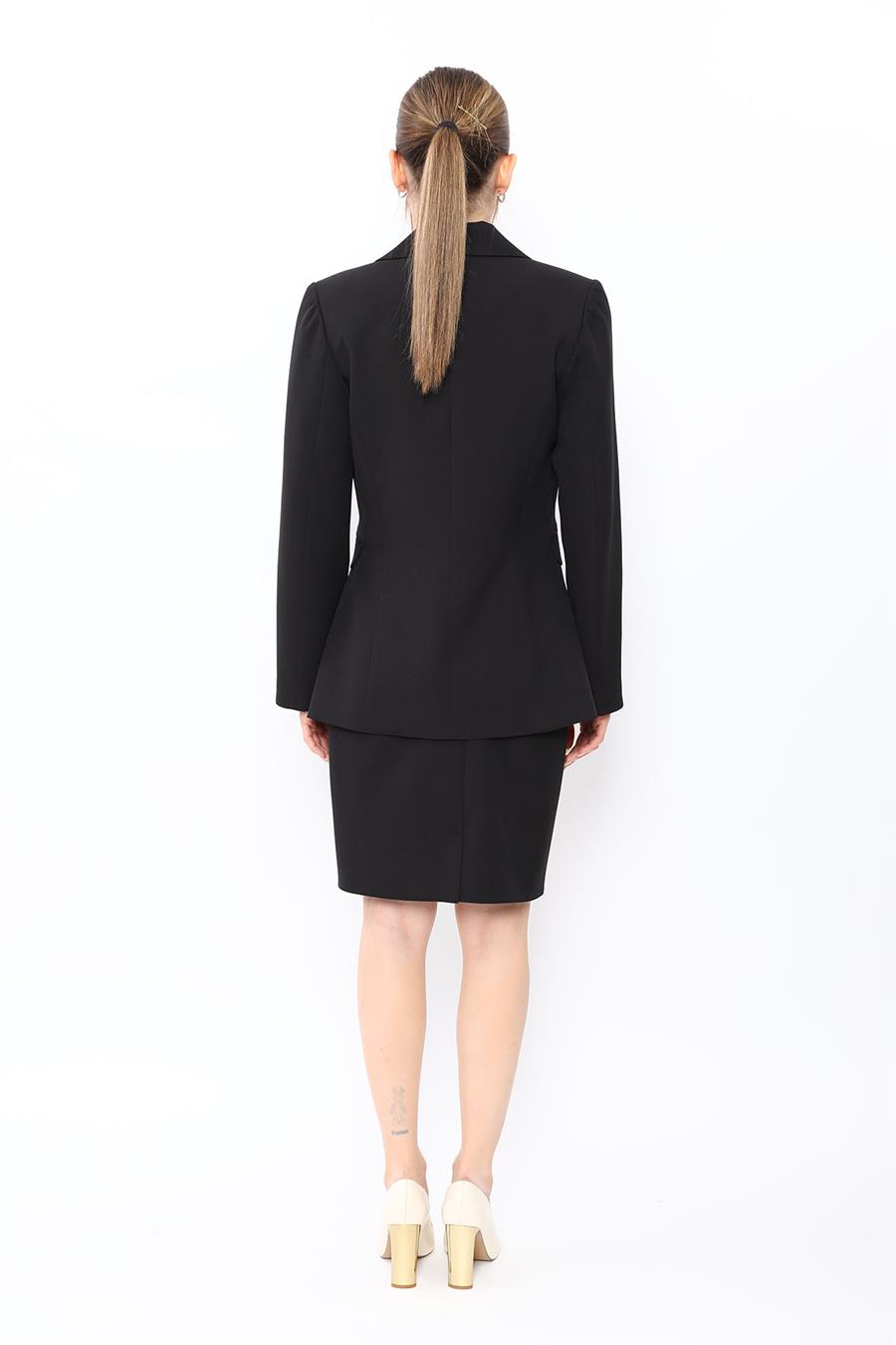 Erkek Yaka Kuruvaze Tek Düğmeli Ceket & Yırtmaçlı Düz Dar Etek-Siyah