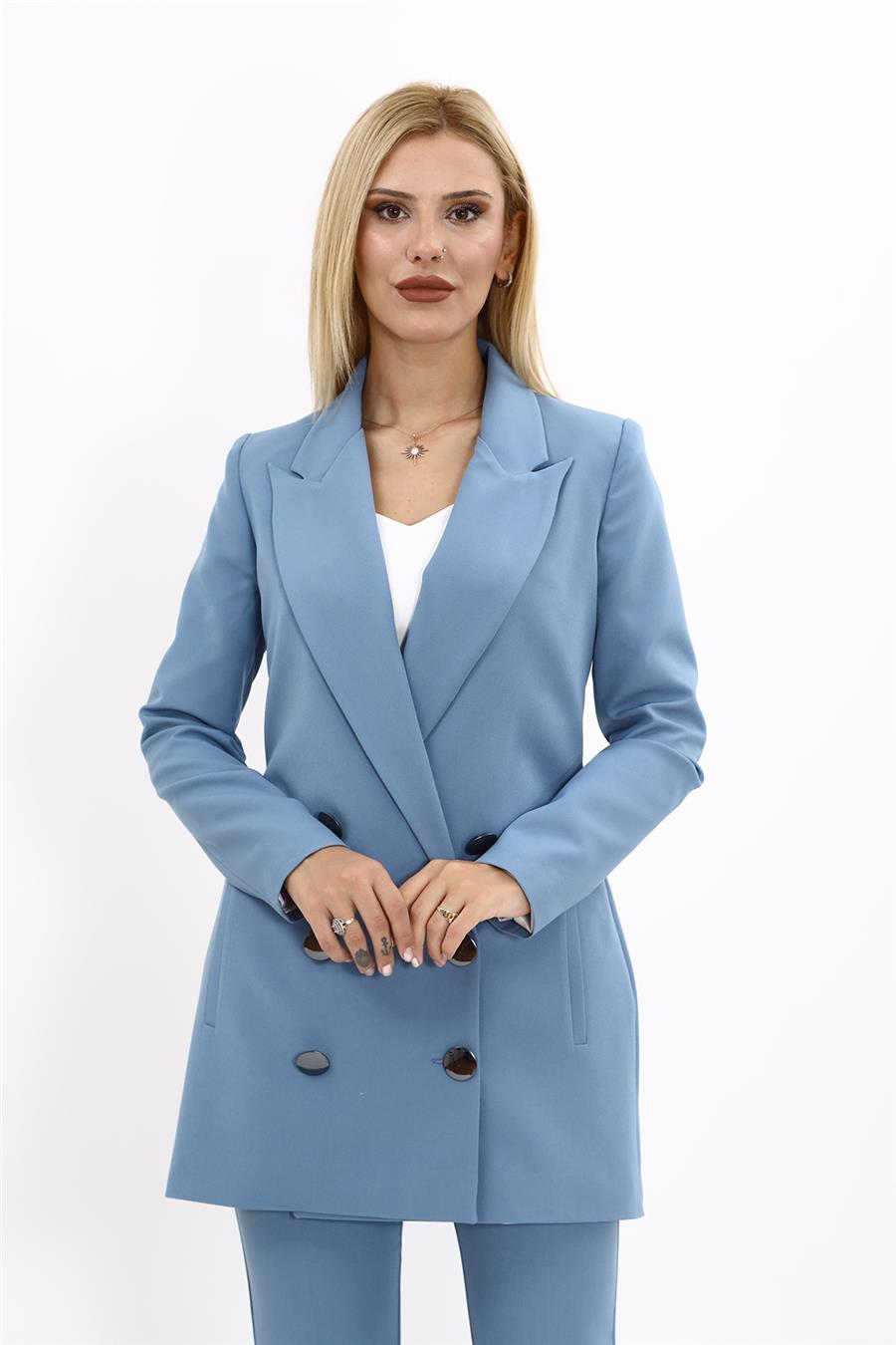 Erkek Yaka Kuruvaze Uzun Ceket-Deniz
