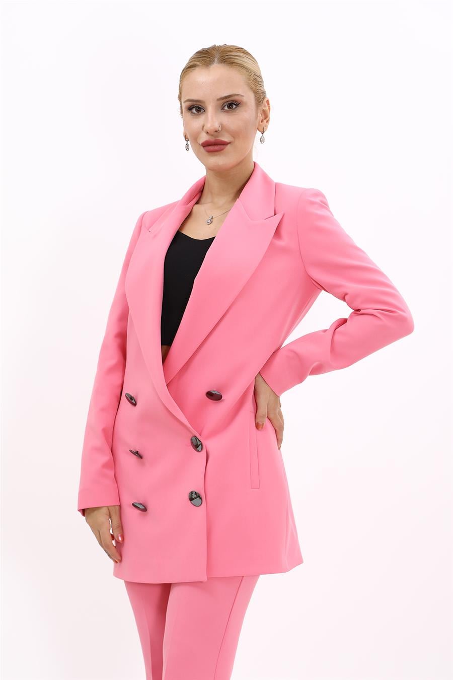 Erkek Yaka Kuruvaze Uzun Ceket-Pembe
