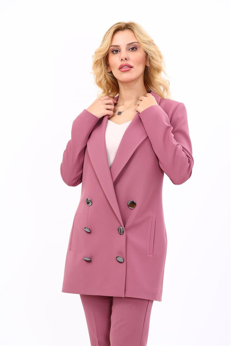 Erkek Yaka Kuruvaze Uzun Ceket-Rose