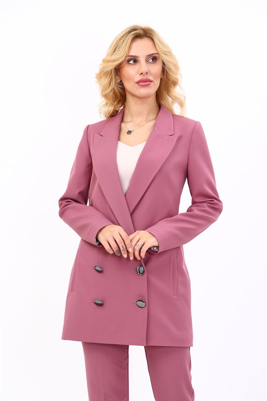 Erkek Yaka Kuruvaze Uzun Ceket-Rose