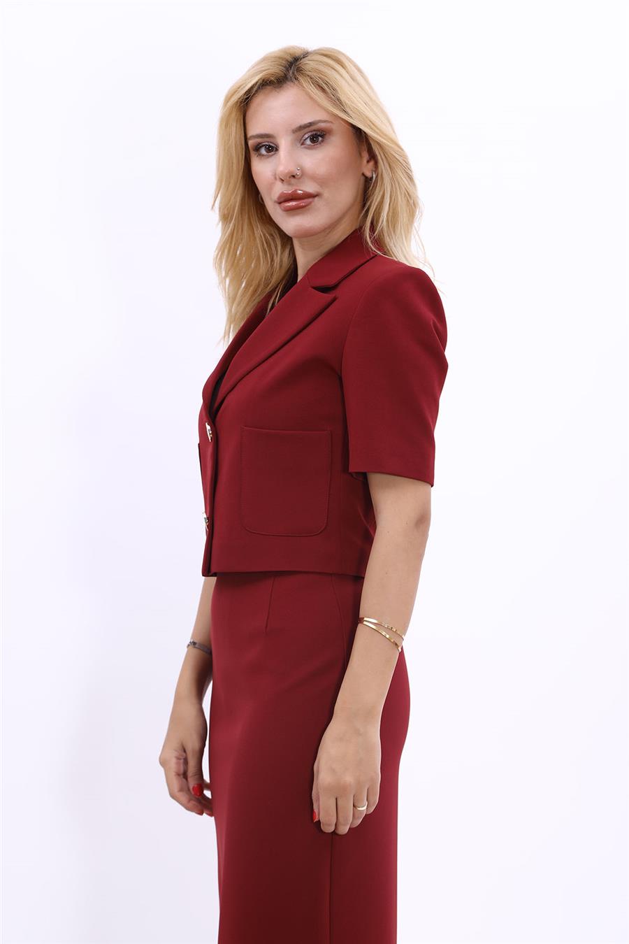 Erkek Yaka Mini Kadın  Ceket-Bordo