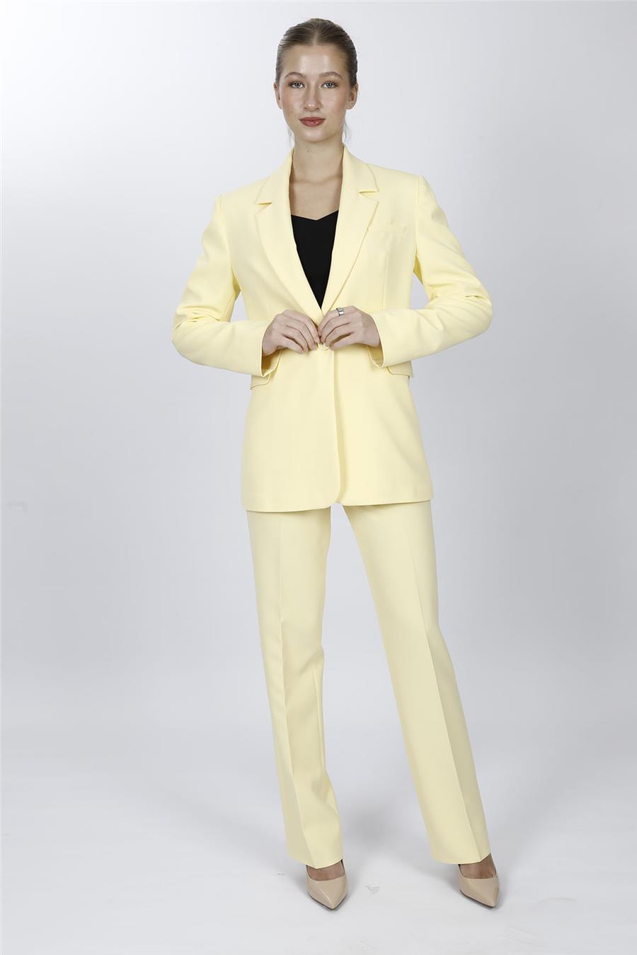 Erkek Yaka Oversize Ceket & Kemerli Boru Paça Pantolon-Sarı