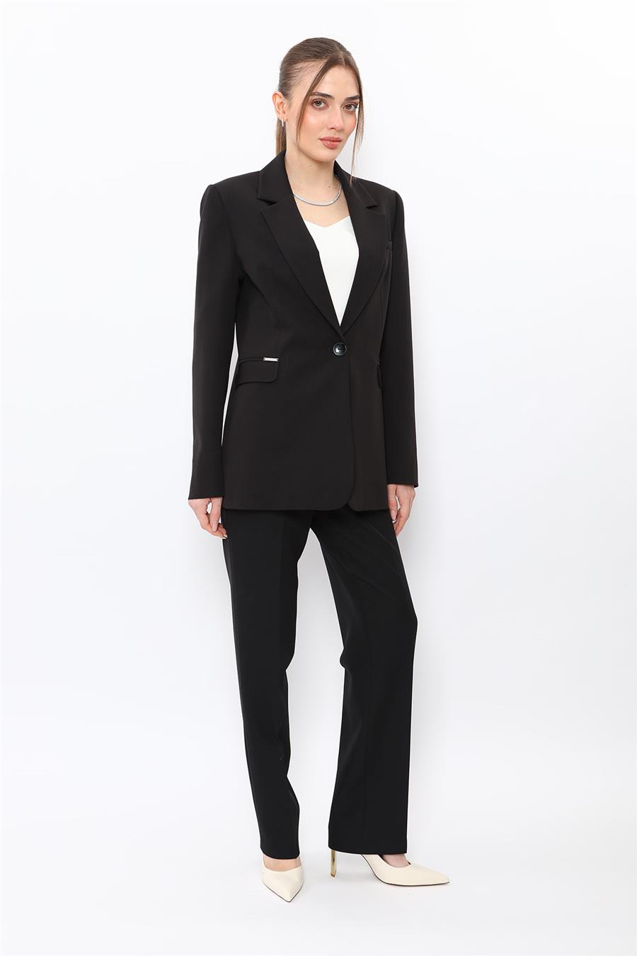 Erkek Yaka Oversize Ceket & Kemerli Boru Paça Pantolon-Siyah