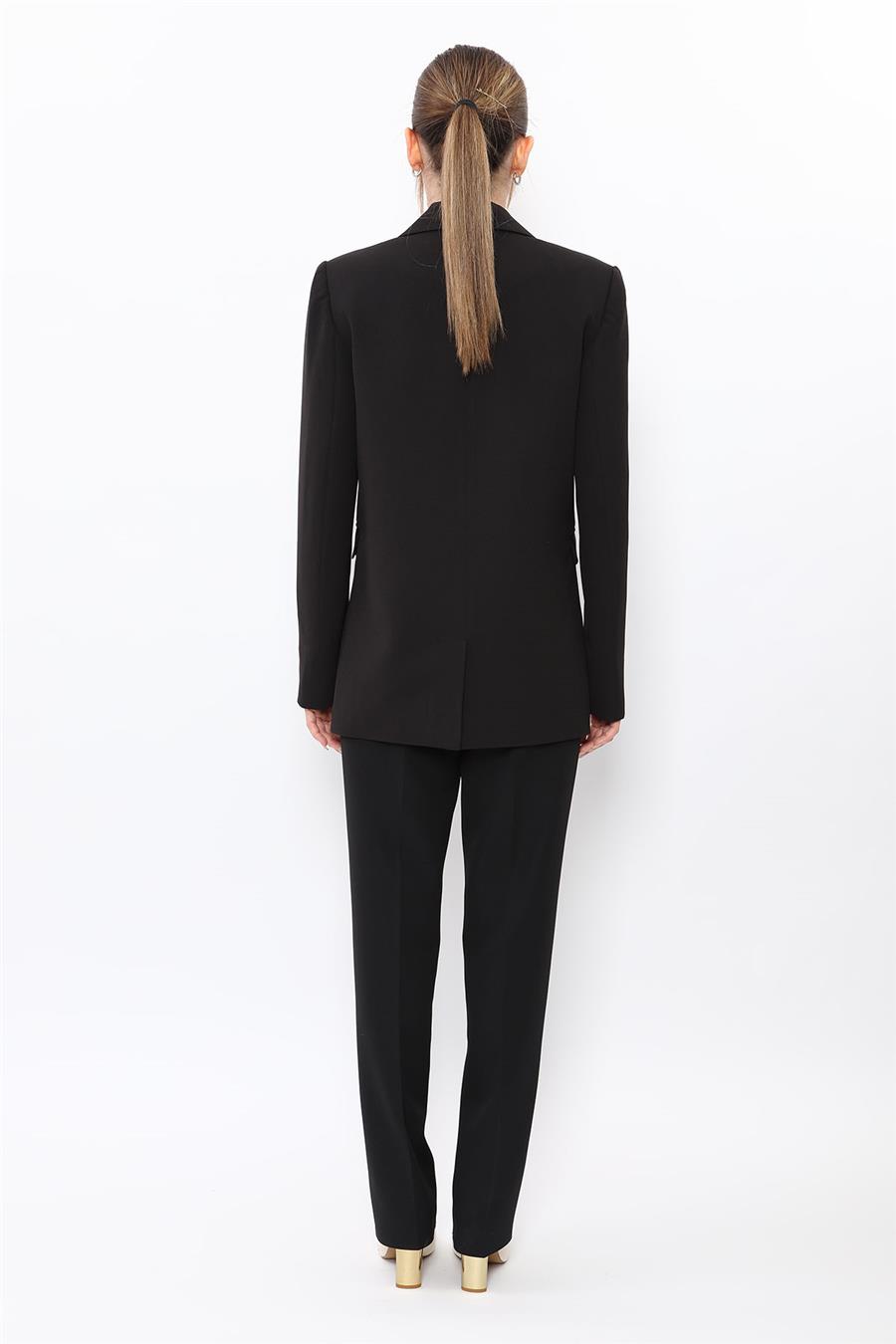 Erkek Yaka Oversize Ceket & Kemerli Boru Paça Pantolon-Siyah
