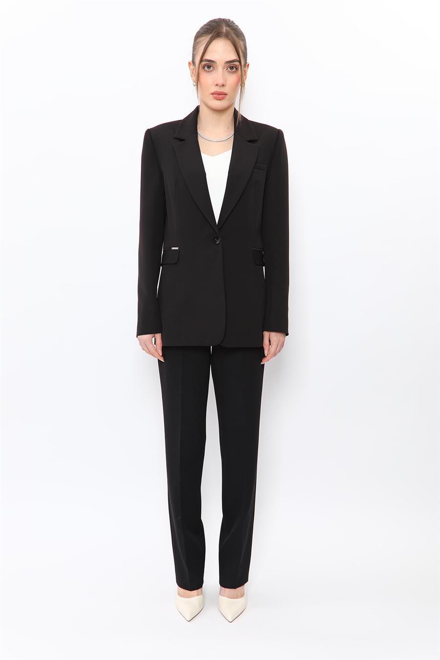 Erkek Yaka Oversize Ceket & Kemerli Boru Paça Pantolon-Siyah