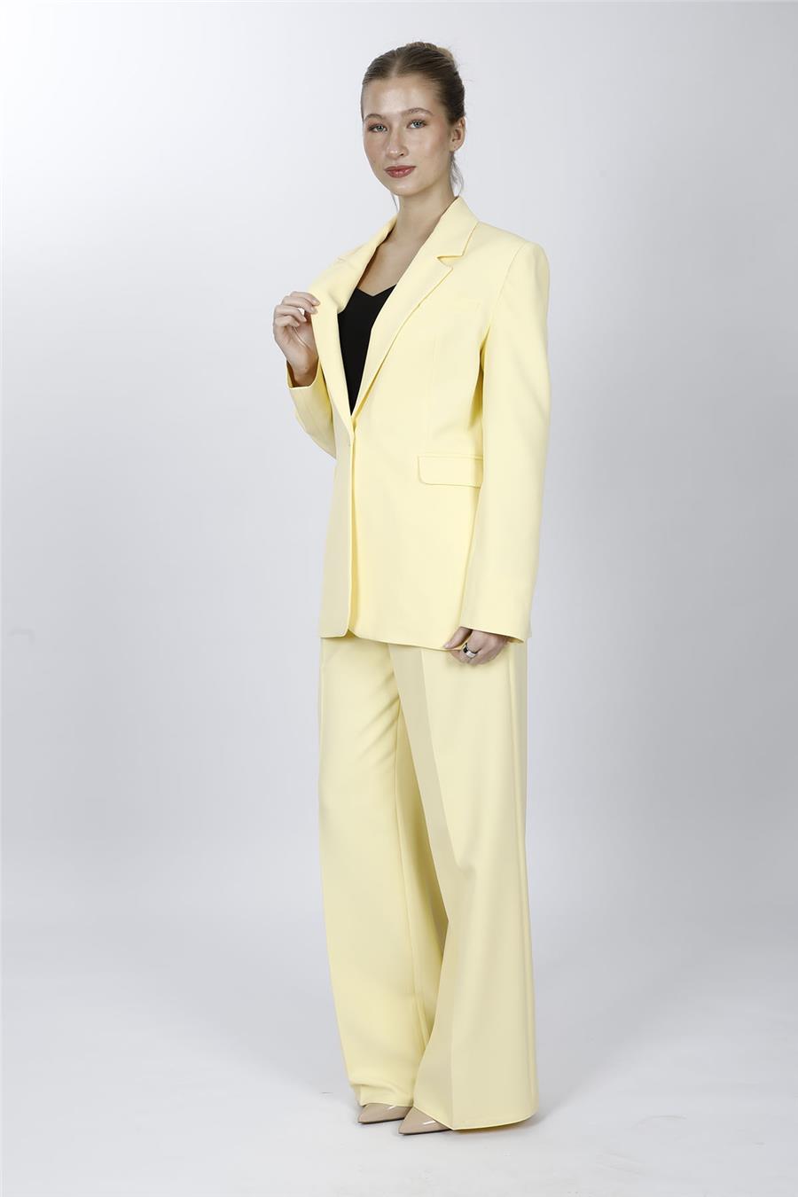 Erkek Yaka Oversize Ceket & Korsaj Kemer Palazzo Pantolon-Sarı
