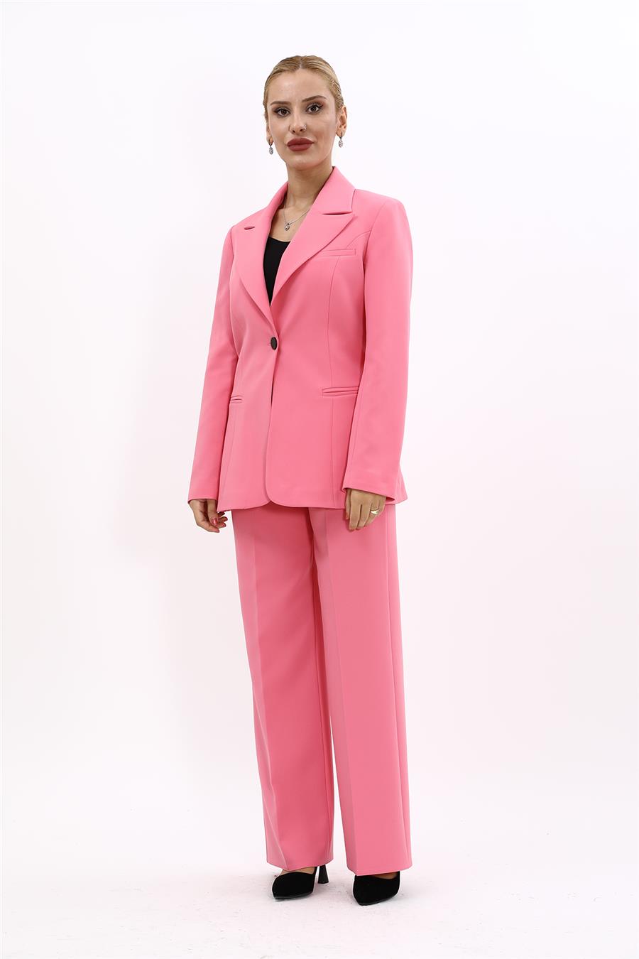 Erkek Yaka Tek Düğmeli Klasik Ceket & Bol Paça Pantolon Takım-Pembe - 1025520
