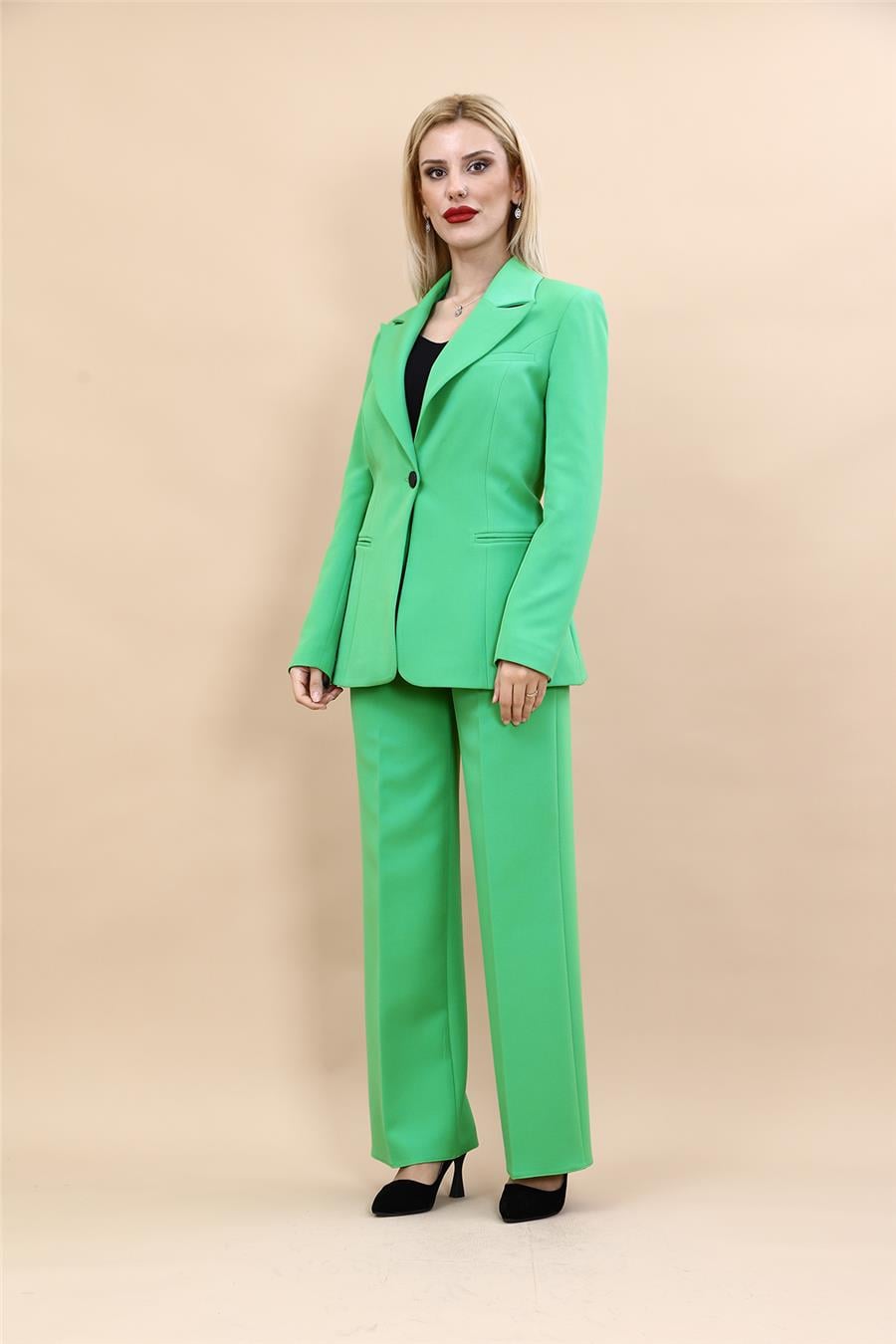 Erkek Yaka Tek Düğmeli Klasik Ceket & Bol Paça Pantolon Takım-Yeşil