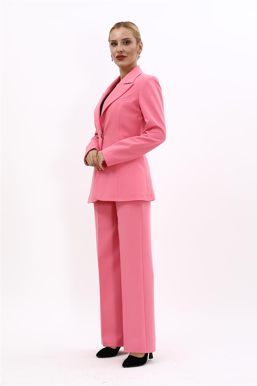 Erkek Yaka Tek Düğmeli Klasik Ceket & Bol Paça Pantolon Takım-Pembe - 1025520