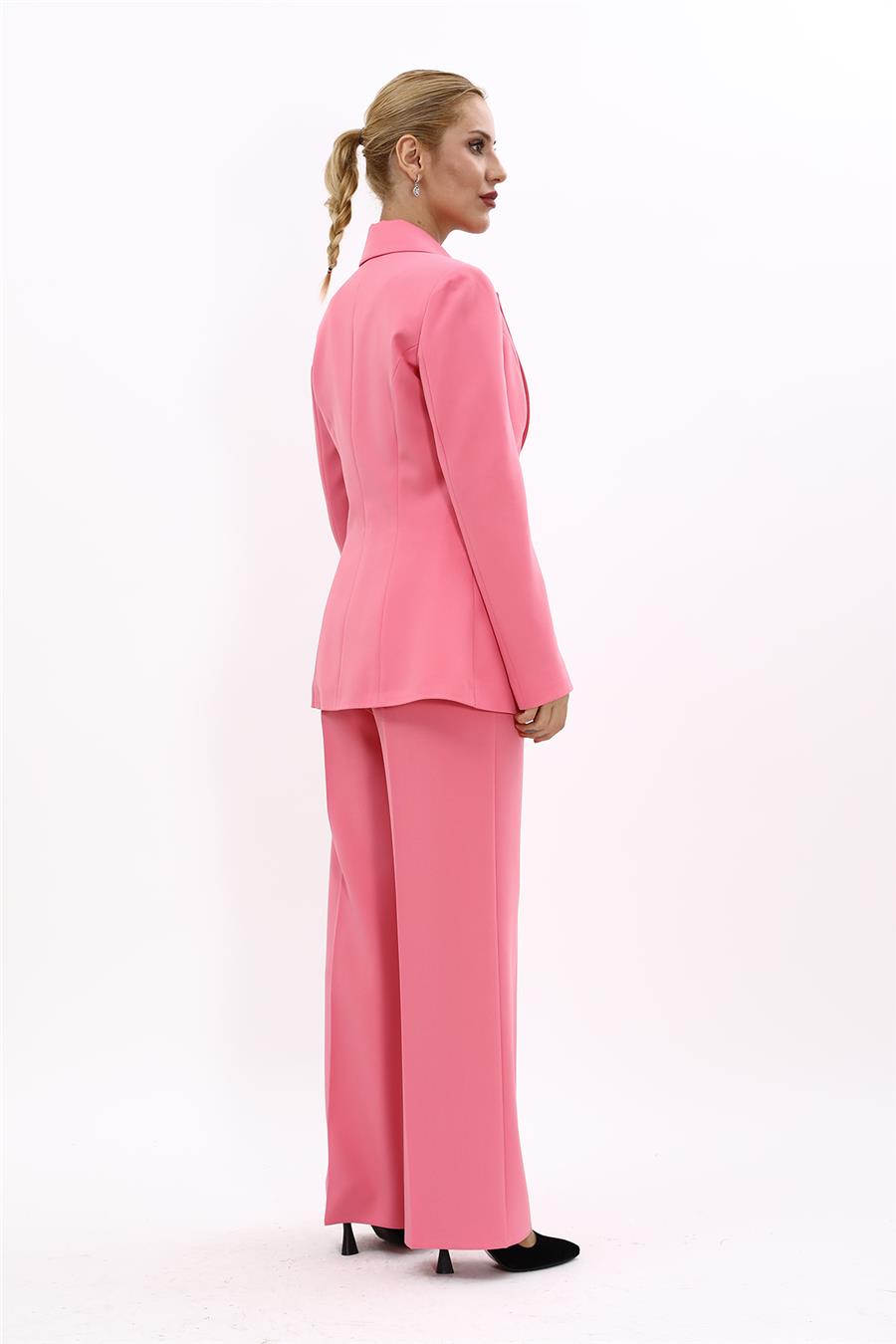 Erkek Yaka Tek Düğmeli Klasik Ceket & Bol Paça Pantolon Takım-Pembe - 1025520