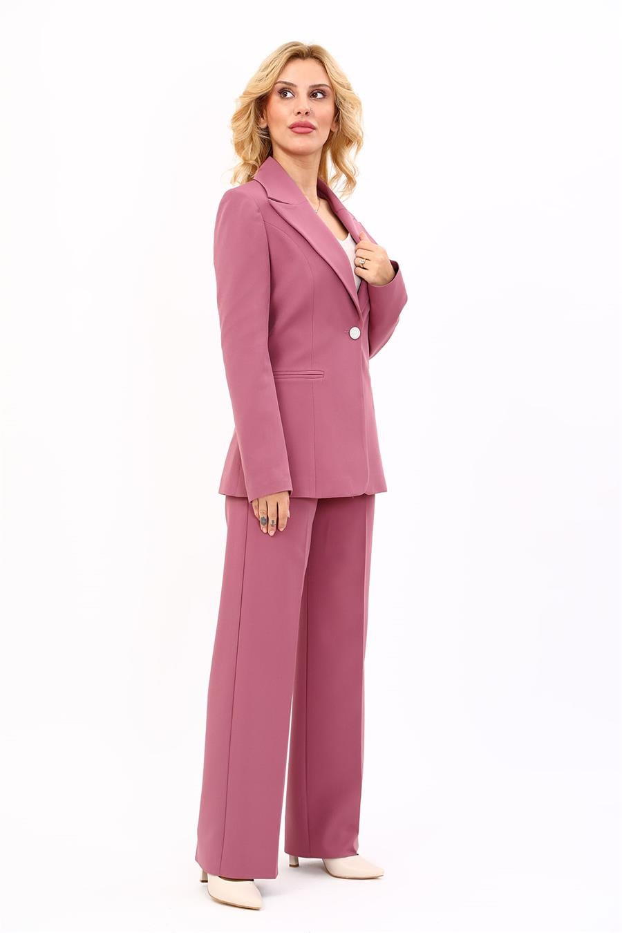 Erkek Yaka Tek Düğmeli Klasik Ceket & Bol Paça Pantolon Takım-Rose - 1025520