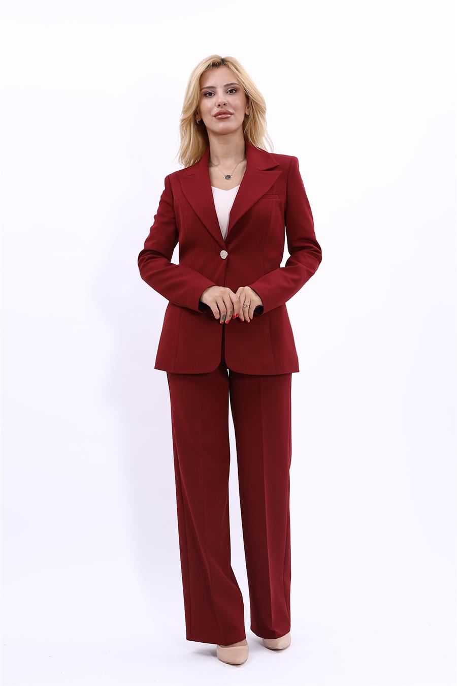 Erkek Yaka Tek Düğmeli Klasik Ceket & Bol Paça Pantolon Takım-Bordo