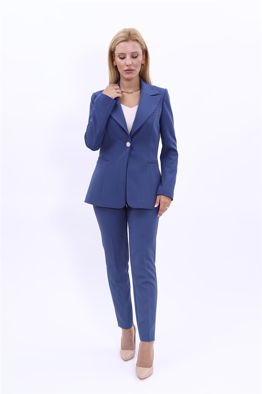 Erkek Yaka Tek Düğmeli Klasik Ceket &  Dar Paça Pantolon-İndigo