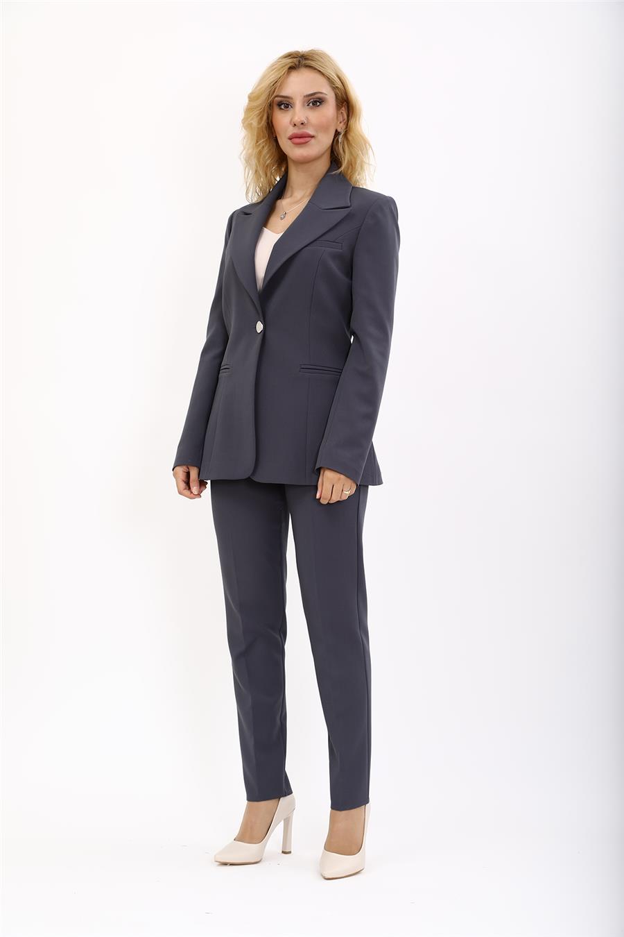 Erkek Yaka Tek Düğmeli Klasik Ceket &  Dar Paça Pantolon-Füme - 1025510