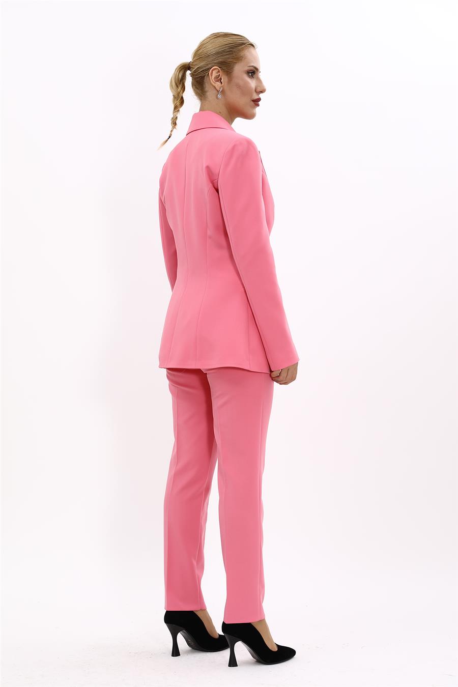 Erkek Yaka Tek Düğmeli Klasik Ceket & Dar Paça Pantolon-Pembe - 1025510