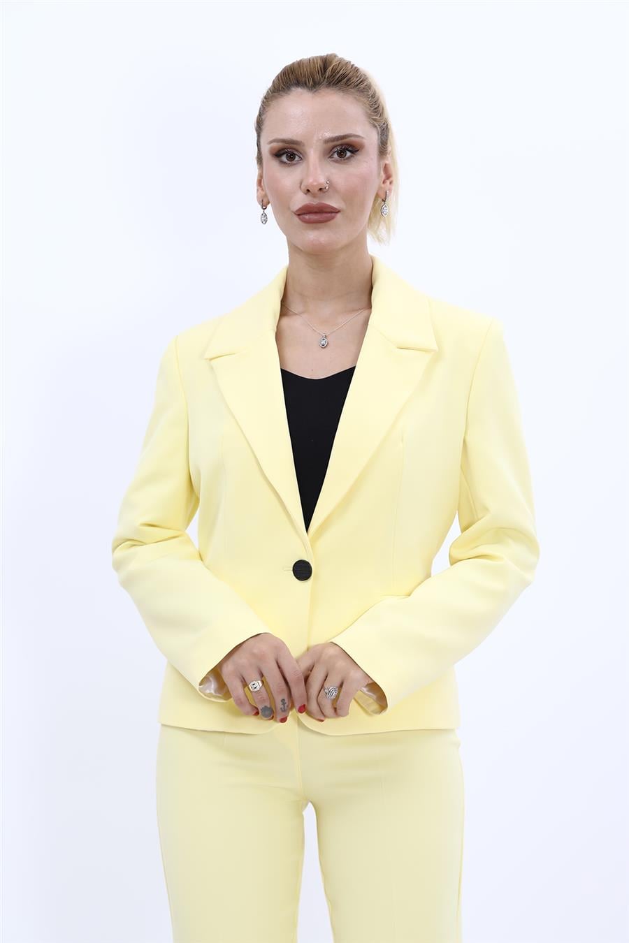 Erkek Yaka Tek Düğmeli Klasik Ceket-Sarı