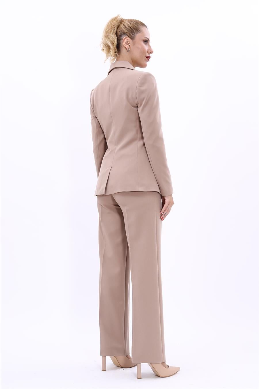 Erkek Yaka Torba Cepli Klasik Ceket &  Bol Paça Pantolon-Taş - 1062520