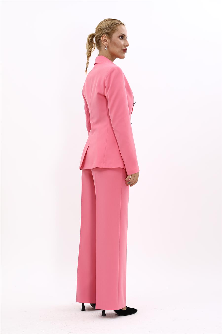 Erkek Yaka Torba Cepli Klasik Ceket &  Bol Paça Pantolon-Pembe