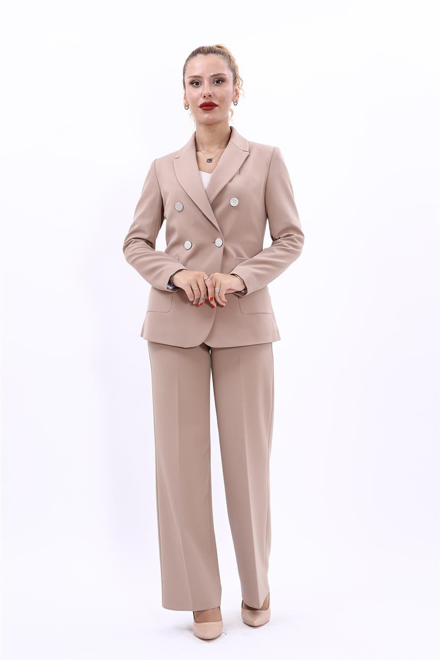 Erkek Yaka Torba Cepli Klasik Ceket &  Bol Paça Pantolon-Taş - 1062520