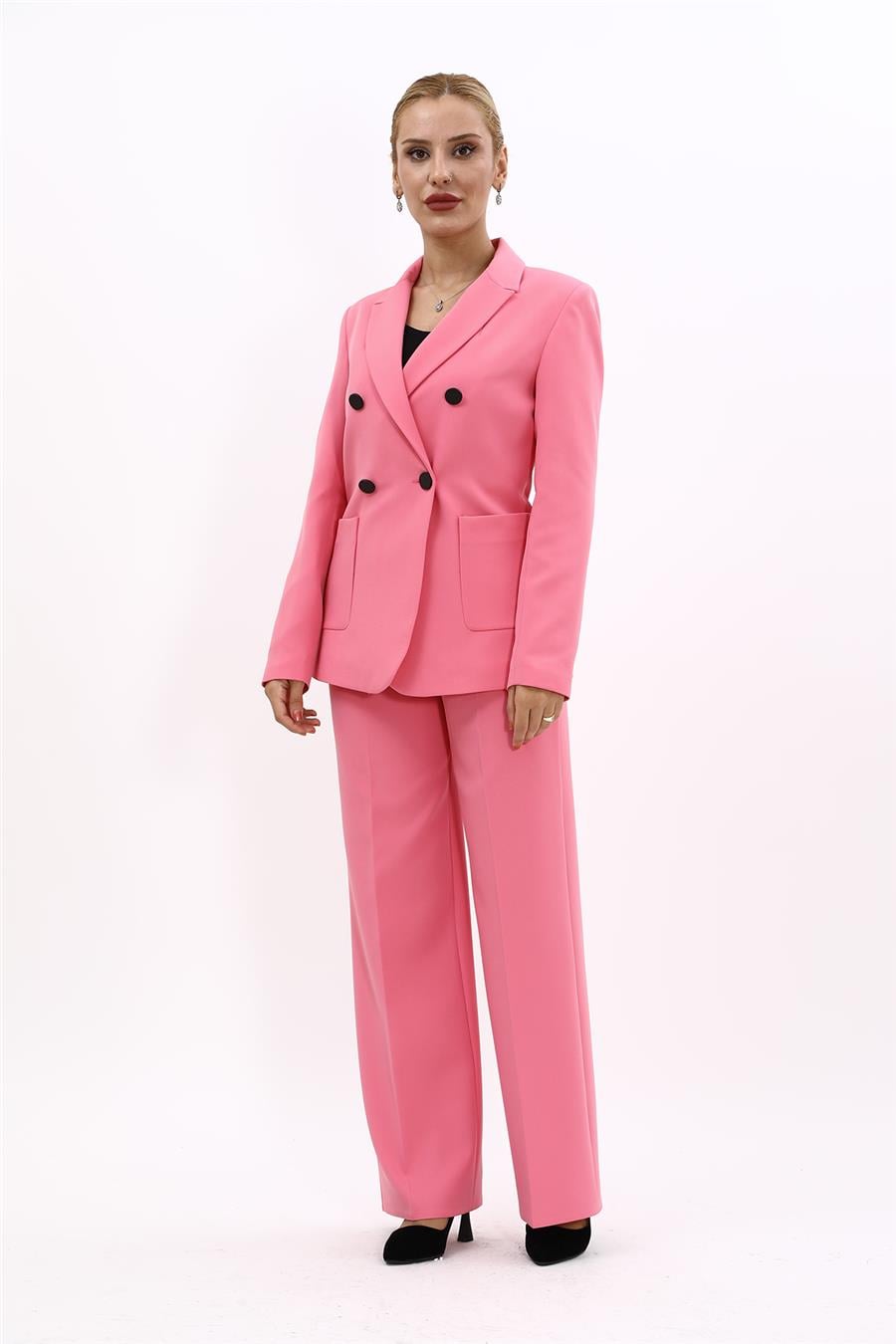 Erkek Yaka Torba Cepli Klasik Ceket &  Bol Paça Pantolon-Pembe