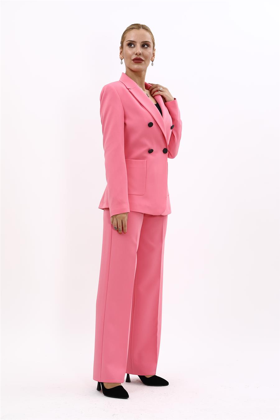 Erkek Yaka Torba Cepli Klasik Ceket &  Bol Paça Pantolon-Pembe