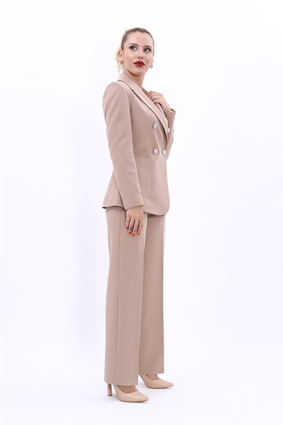 Erkek Yaka Torba Cepli Klasik Ceket &  Bol Paça Pantolon-Taş - 1062520