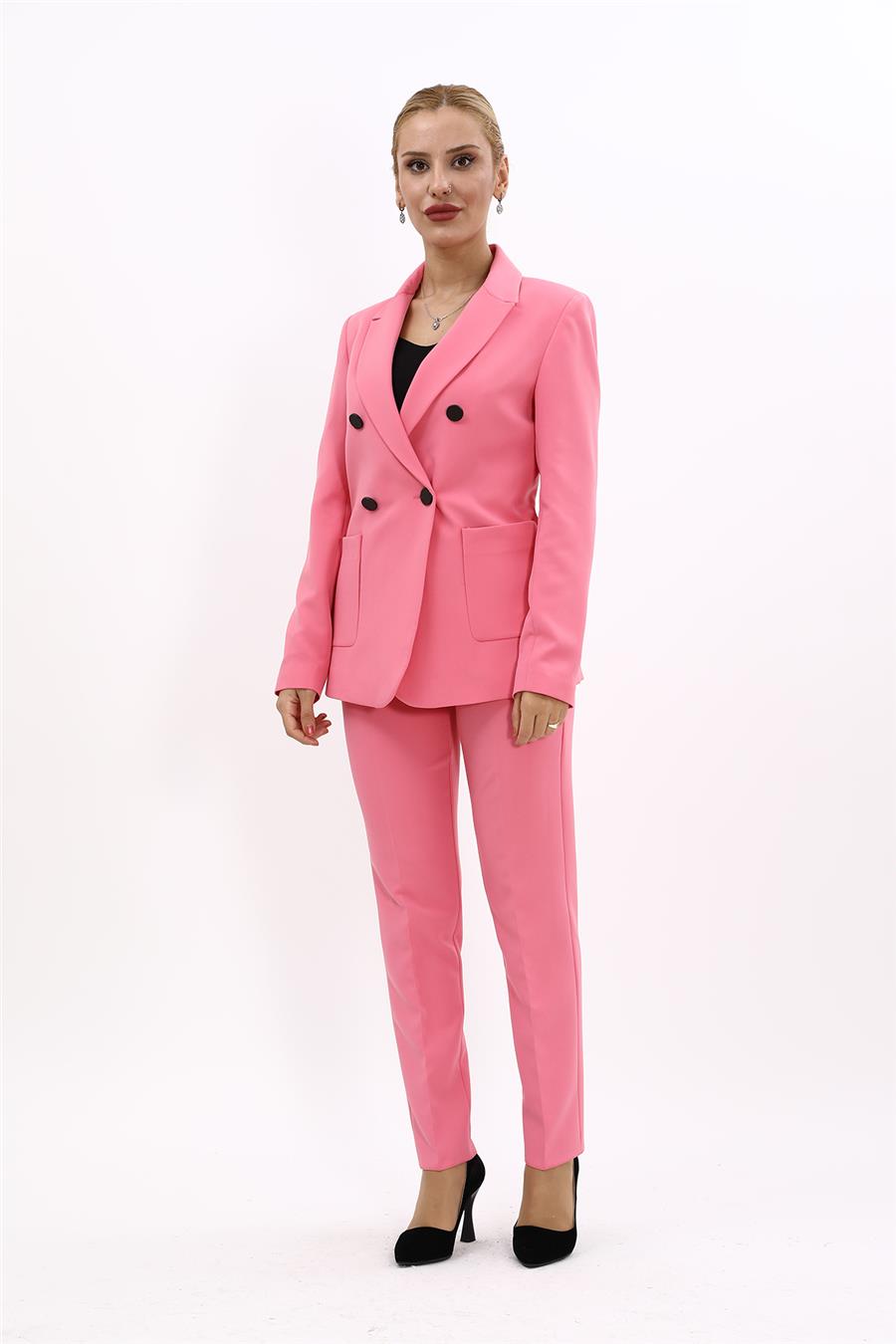 Erkek Yaka Torba Cepli Klasik Ceket & Dar Paça Pantolon-Pembe