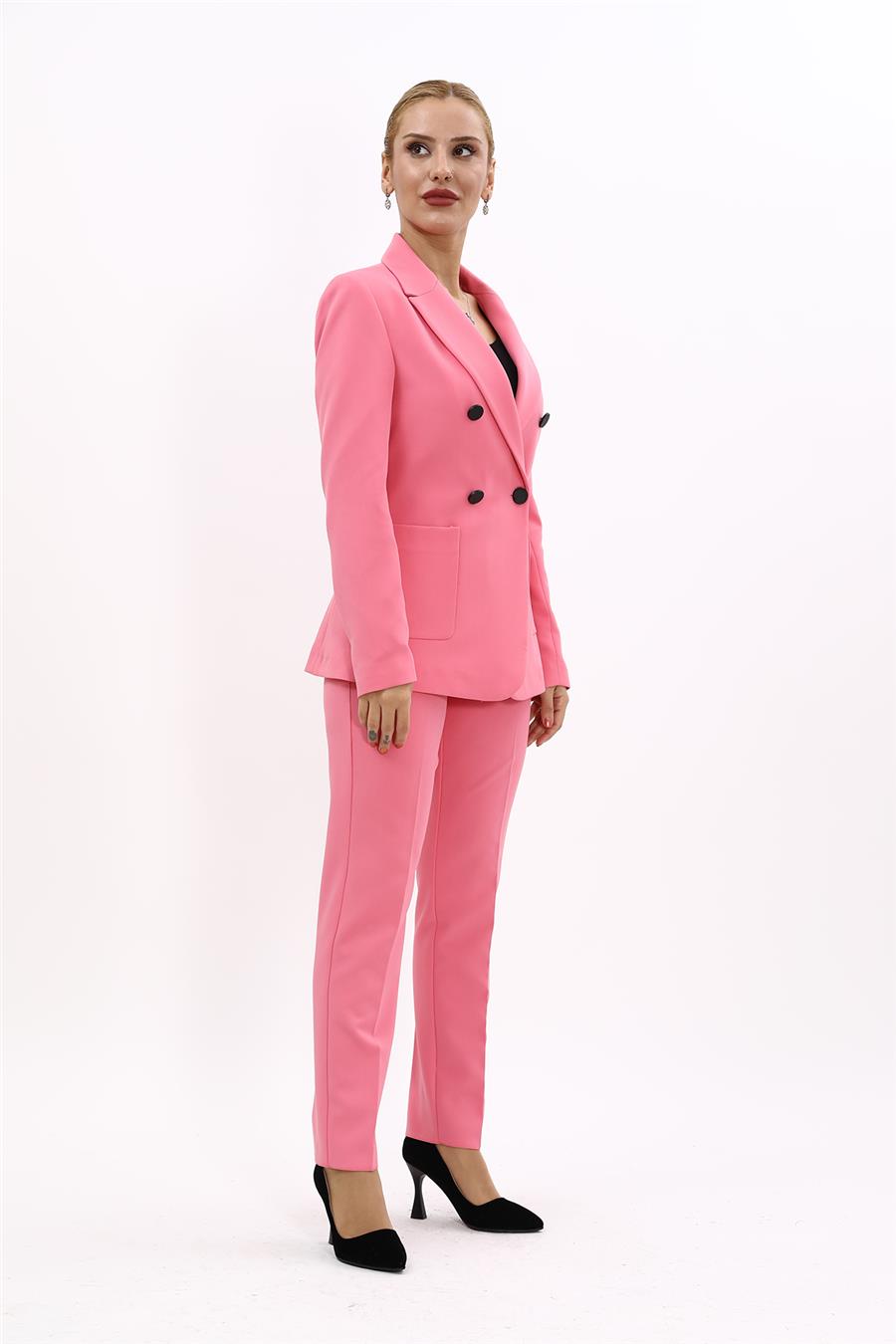 Erkek Yaka Torba Cepli Klasik Ceket & Dar Paça Pantolon-Pembe
