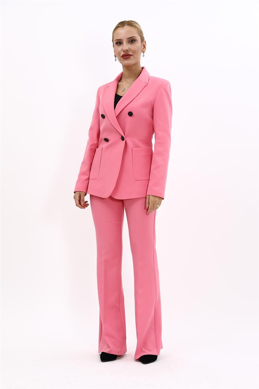 Erkek Yaka Torba Cepli Klasik Ceket &  İspanyol Paça Pantolon-Pembe