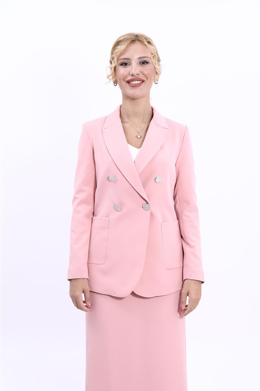 Erkek Yaka Torba Cepli Klasik Ceket & Uzun Düz Dar Etek-Pudra - 1062553