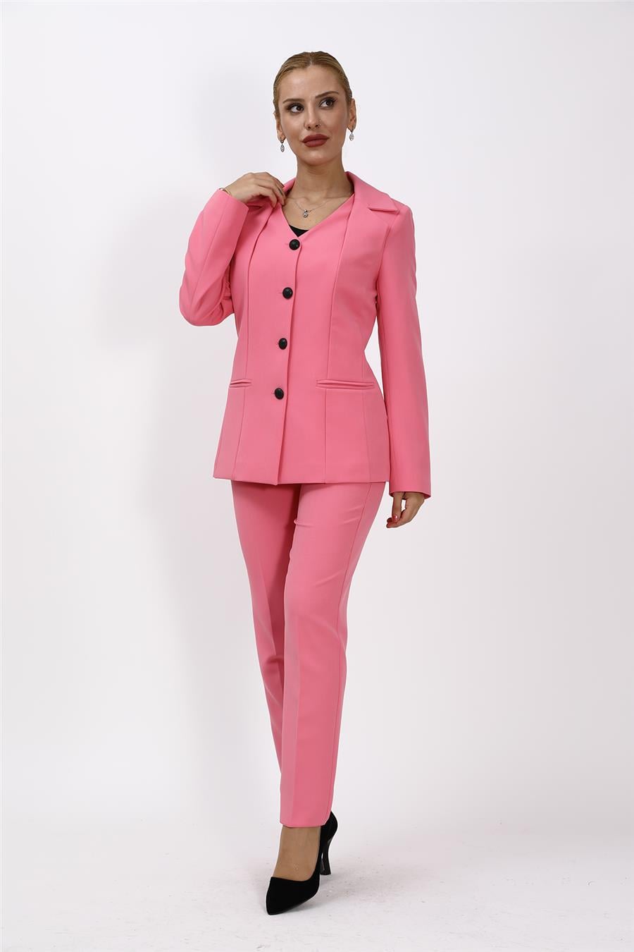 Erkek Yaka Yelek Ceket & Dar Paça Pantolon-Pembe - 1076510