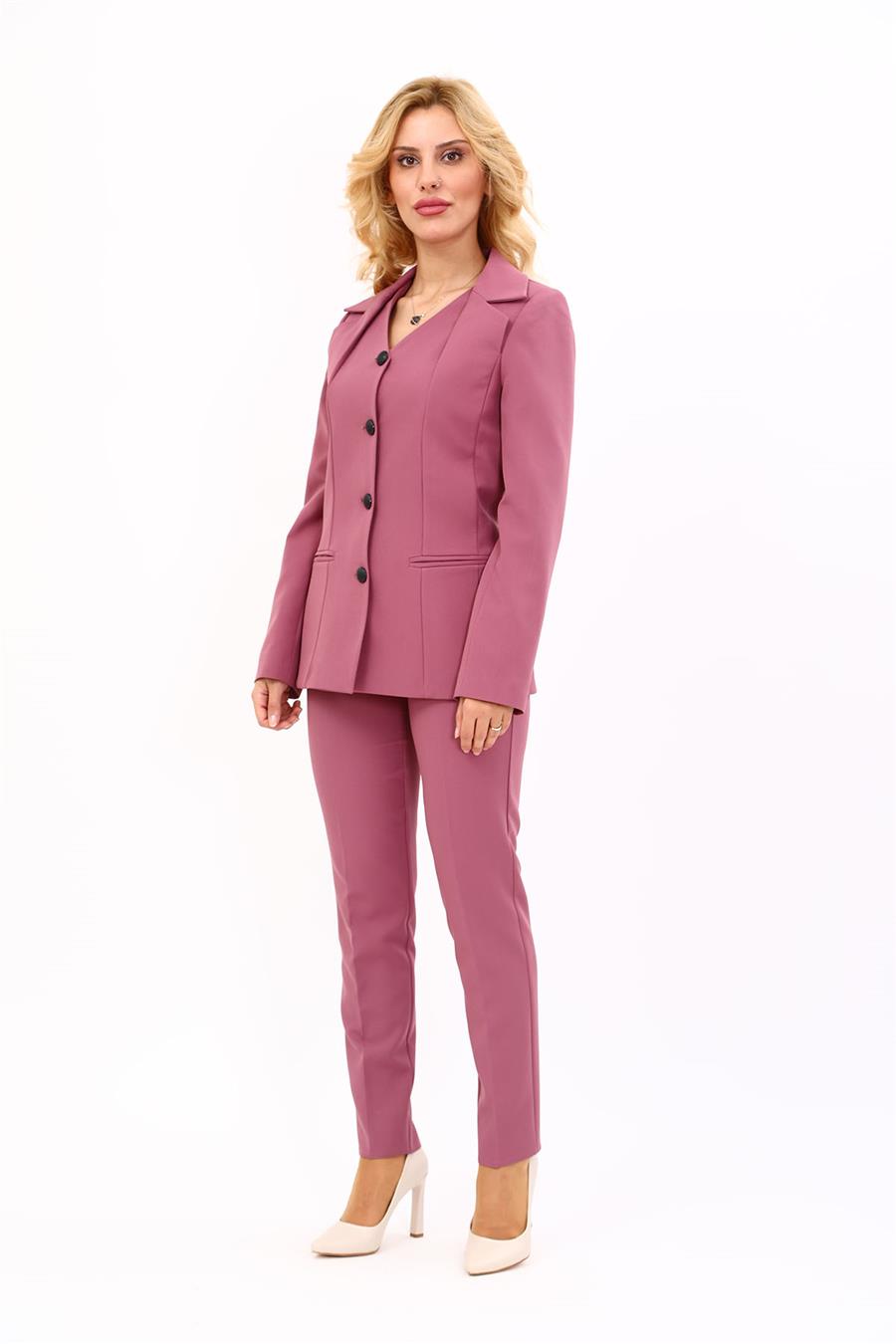 Erkek Yaka Yelek Ceket & Dar Paça Pantolon-Rose - 1076510
