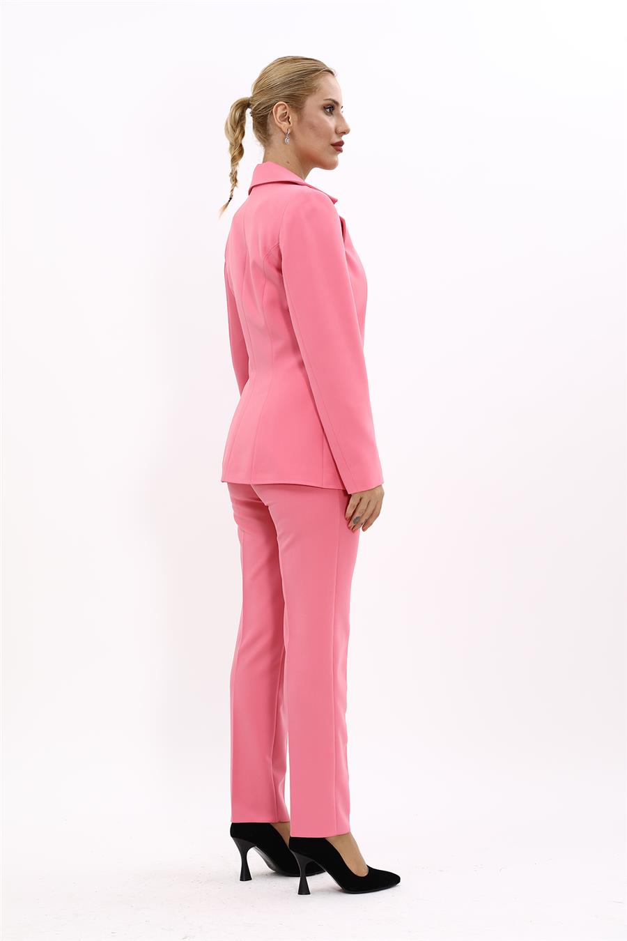 Erkek Yaka Yelek Ceket & Dar Paça Pantolon-Pembe - 1076510