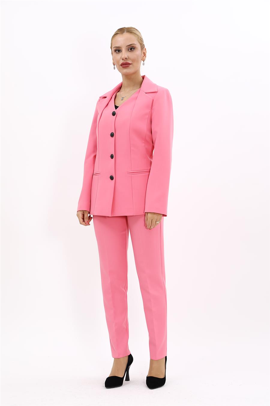 Erkek Yaka Yelek Ceket & Dar Paça Pantolon-Pembe - 1076510