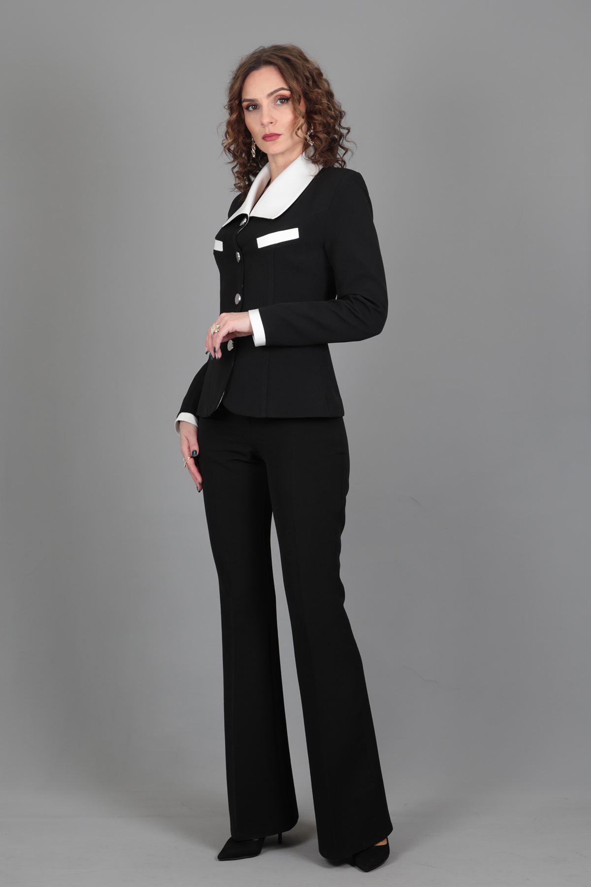 Garnili Ceket & İspanyol  Paça Pantolon Takım-Siyah