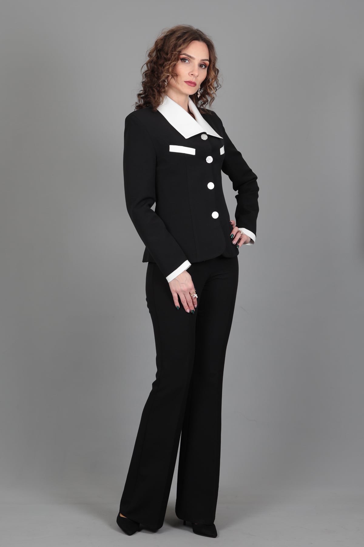 Garnili Ceket & İspanyol  Paça Pantolon Takım-Siyah